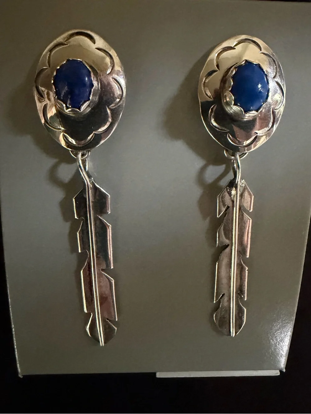 Sterling Silver Floral & Feather Drop Earrings with Blue Stone